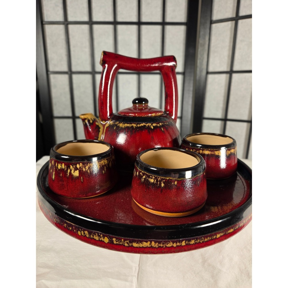 Pier 1 Shanghai Tea Set Red Black Reactive Glaze Earthenware 5 Piece Set